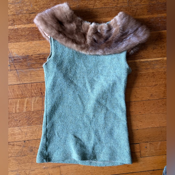 preloved Tops - Preloved Mint Green Knit Tank with Real Fur Collar